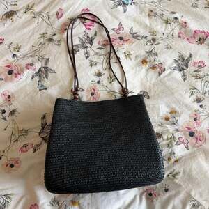 St. John's Bay Black Woven Wheat Straw Shoulder Bag with Wooden Beads